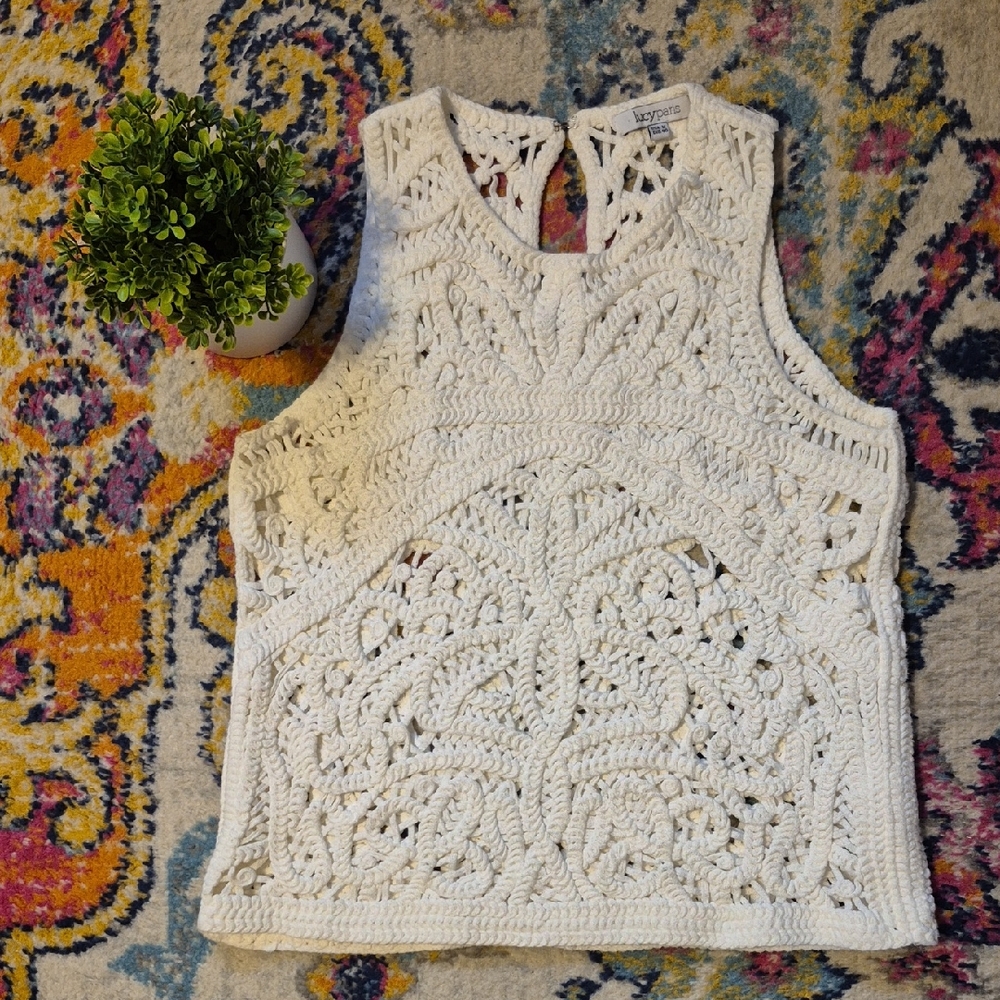 Lucy Paris White Crochet Sleeveless Top